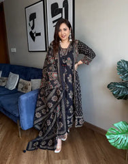 Ashna noir Ajrakh print Anarkali suit