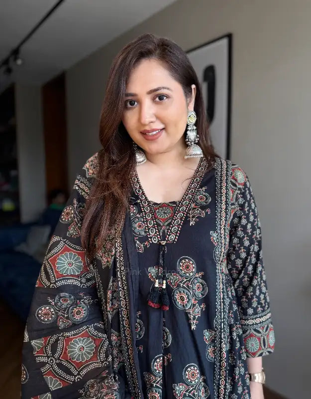 Ashna noir Ajrakh print Anarkali suit