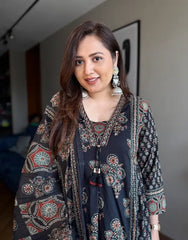 Ashna noir Ajrakh print Anarkali suit