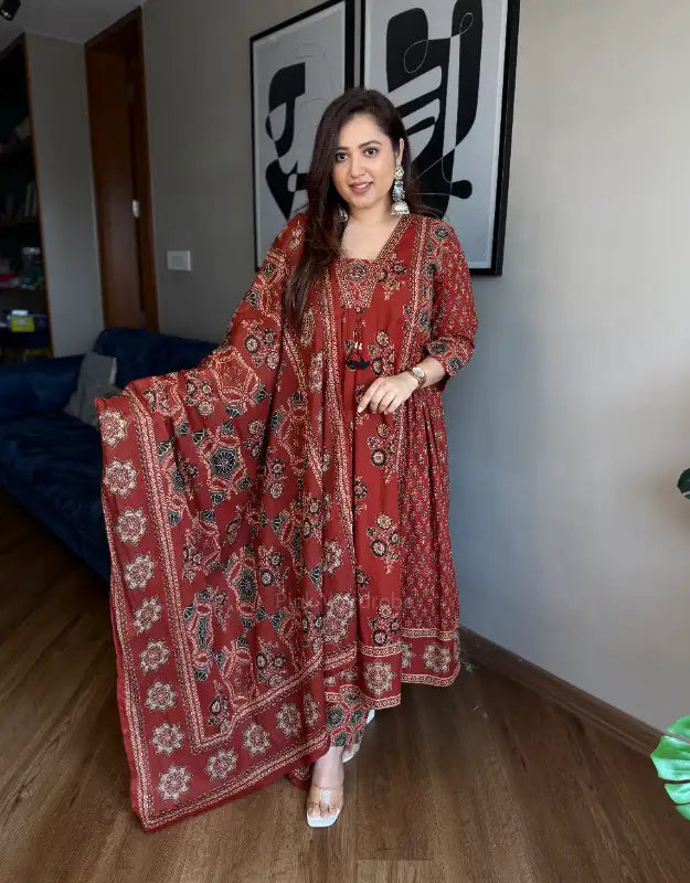 Ashna noir Ajrakh print Anarkali suit