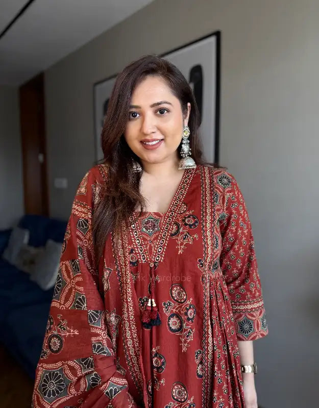 Ashna noir Ajrakh print Anarkali suit
