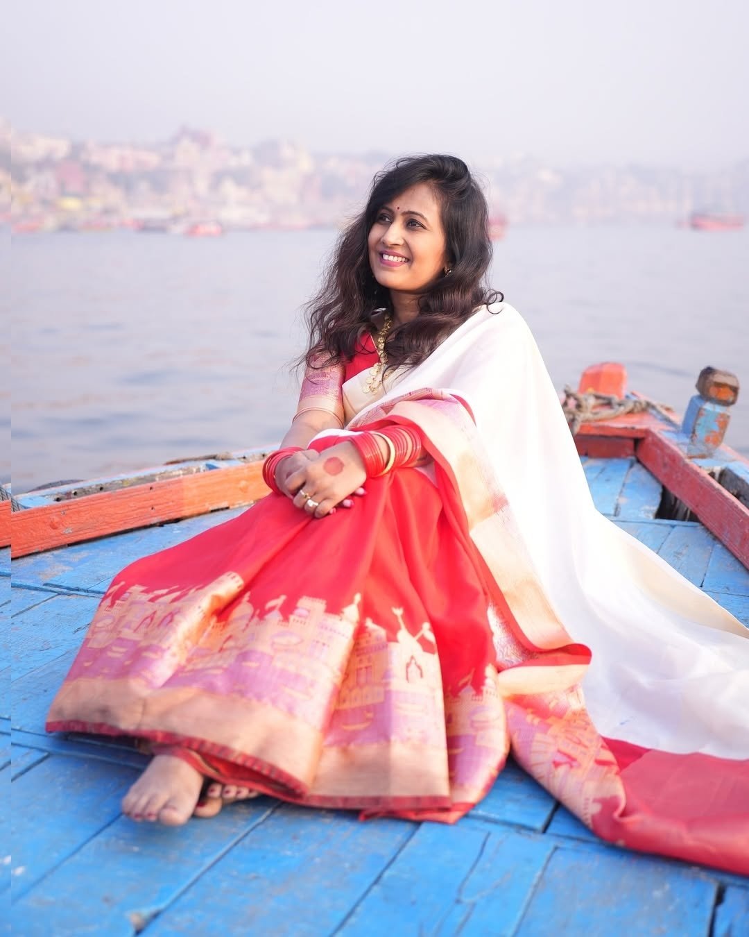 White and Red Banarasi Silk Saree With Ganga Ghat Weaving