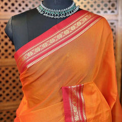Handloom Cotton Silk Ilkal Saree With Pure Resham Pallu - Orange and Red Border