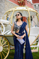 Navy Blue Viscose Designer Pre-Draped Saree
