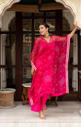 Bandhej Women's Pink Kaftan with Cotton Pant & Inner