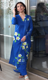 Women's Blue Painted Suit Set with Dupatta