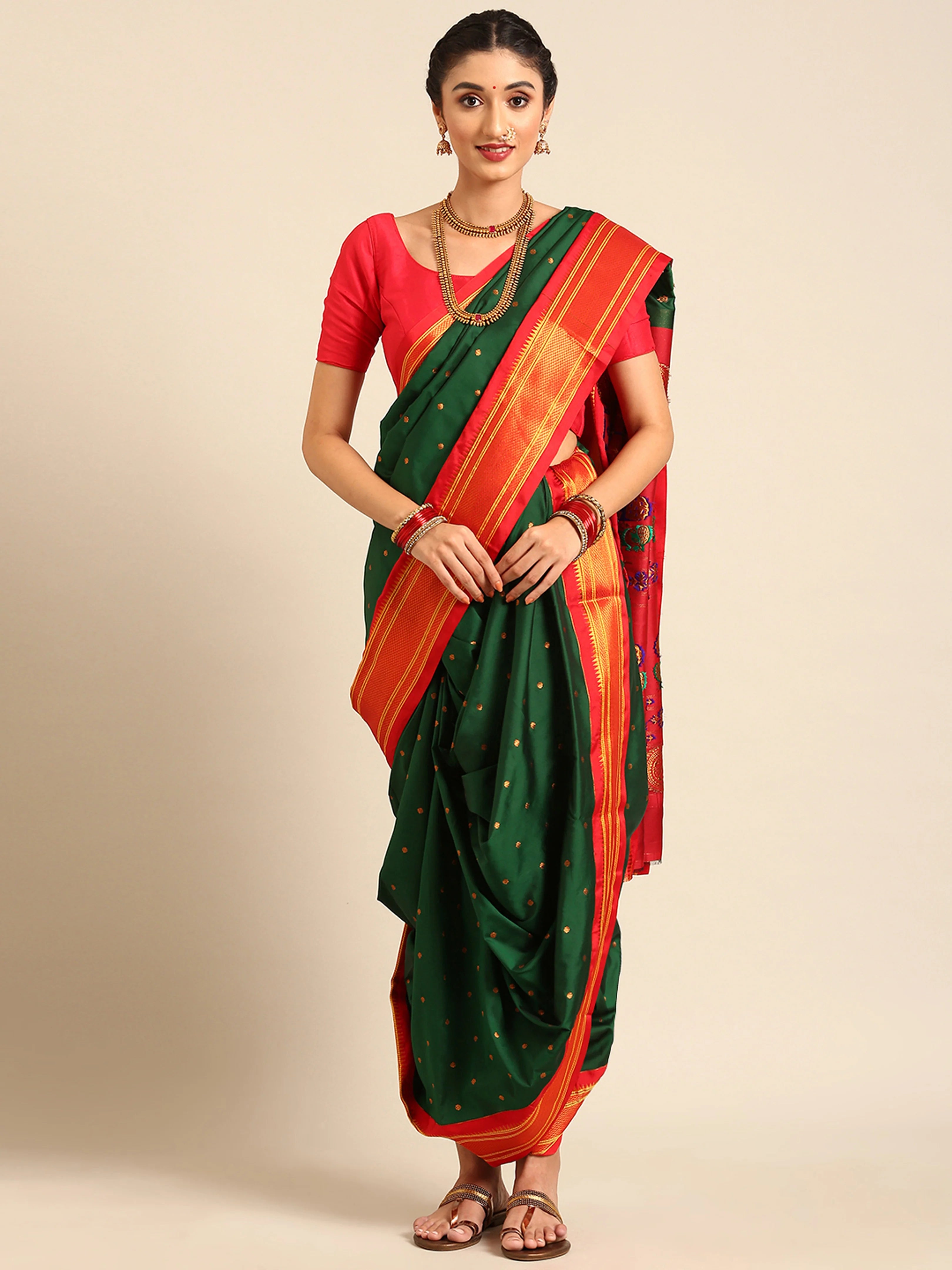 Women's Bottle Green & Red Nauvari Paithani Saree