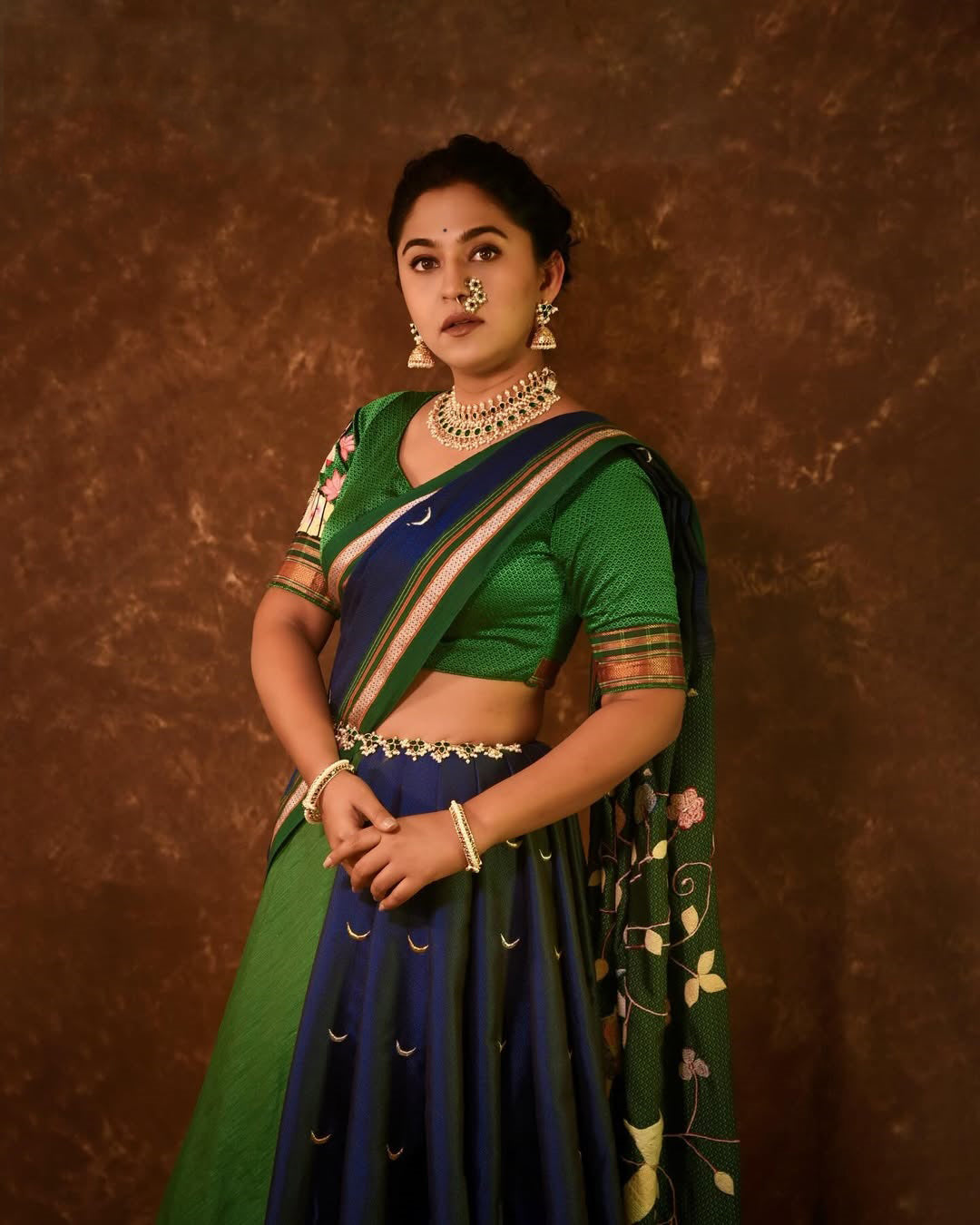 Chandra & Parrot Print Blue Green Khann Women's Saree