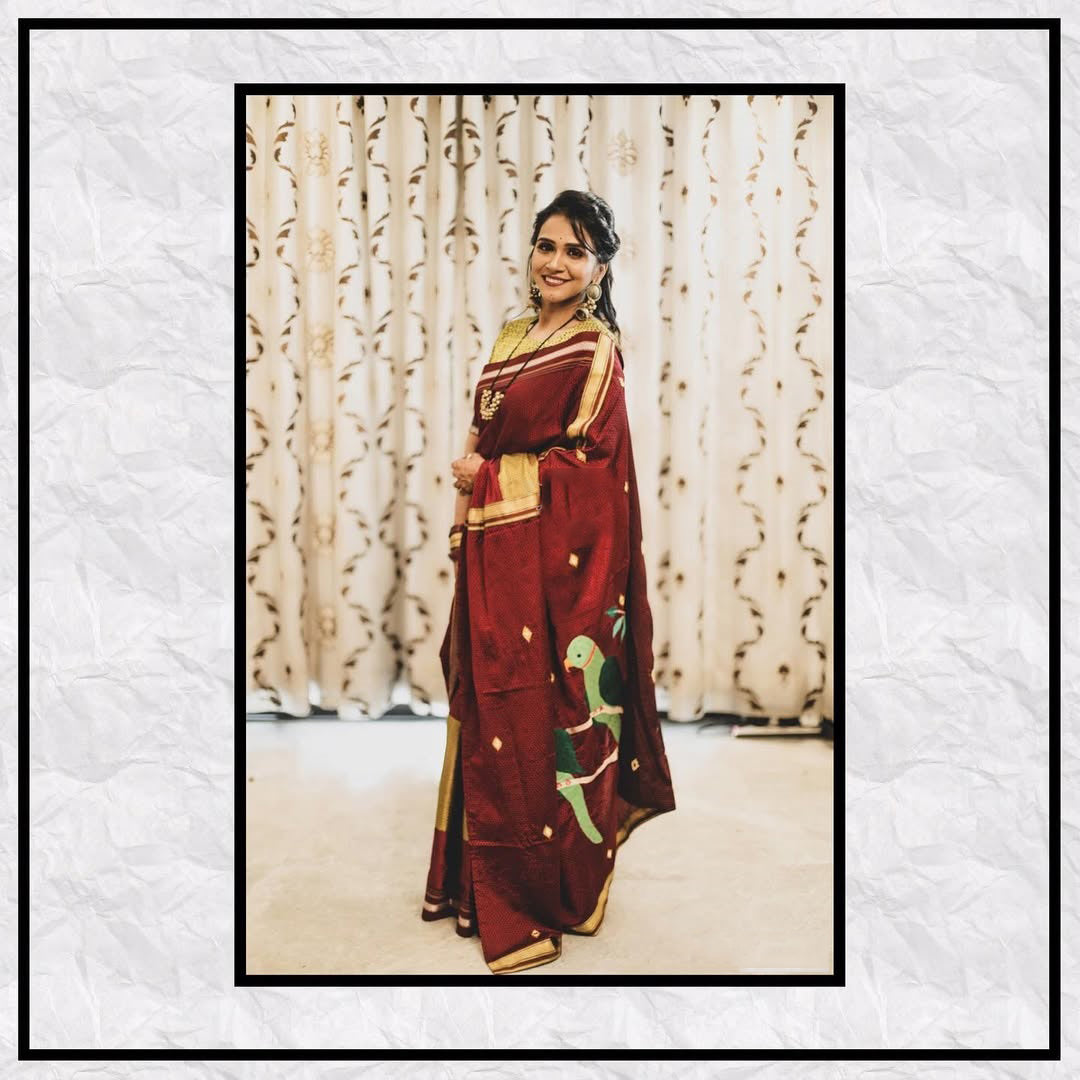 Women's Maroon Khun Paithani Saree With Parrot Print