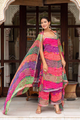 Women's Multicolor Bandhej Gota Patti Kurta Set with Dupatta