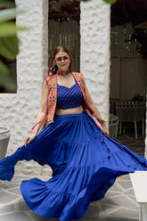 Women's Blue Boho Cape Set for Navratri