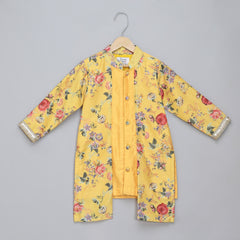 Yellow Boys Kurta Pyjama with Printed Jacket