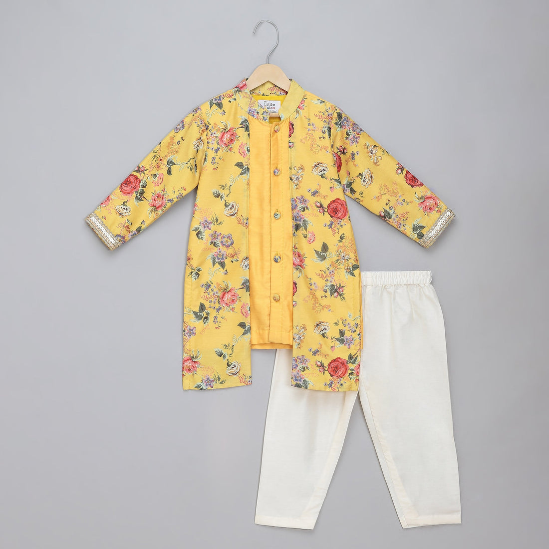 Yellow Kurta Pyjama with Printed Jacket
