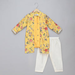 Yellow Kurta Pyjama with Printed Jacket