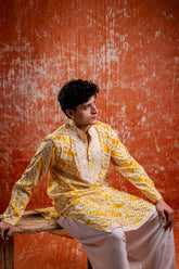 Yellow Linen Tie-Dye Men's Kurta with Neck Embroidery