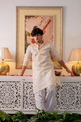 Yellow Tie-Dye Mens Kurta with Mirror Work