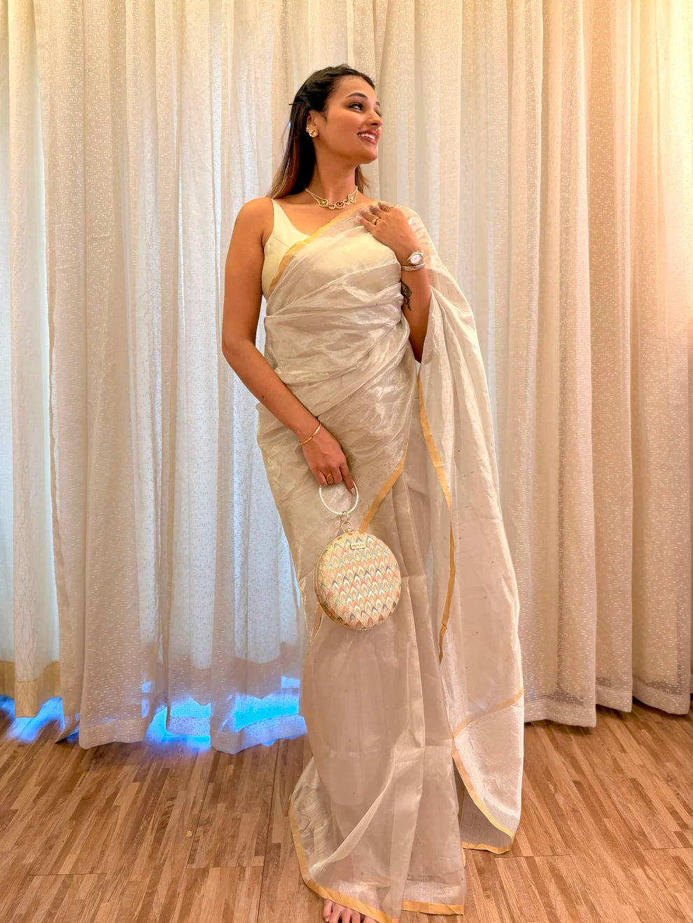 Ivory Chanderi Tissue Silk Saree with Golden Zari Bootis & Classic Zari Border