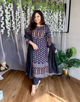 Zaveda Ajrakh Muslin Silk Suit Set