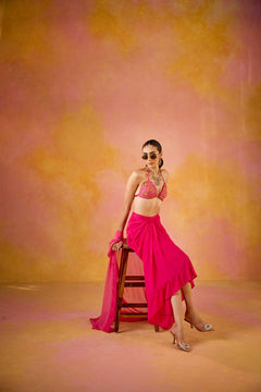 Zeba Hot Pink Embroidered Blouse and Crepe Skirt Set With Cape