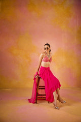 Zeba Hot Pink Embroidered Blouse and Crepe Skirt Set With Cape