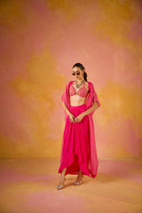 Zeba Hot Pink Embroidered Blouse and Crepe Skirt Set With Cape