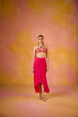 Zeba Hot Pink Embroidered Blouse and Crepe Skirt Set With Cape