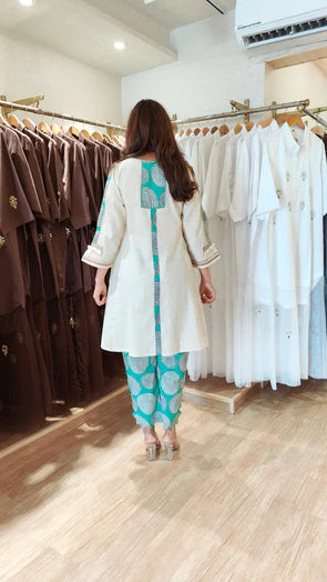 Ivory Cotton Flex Short Kurta with Green Printed Pant Set