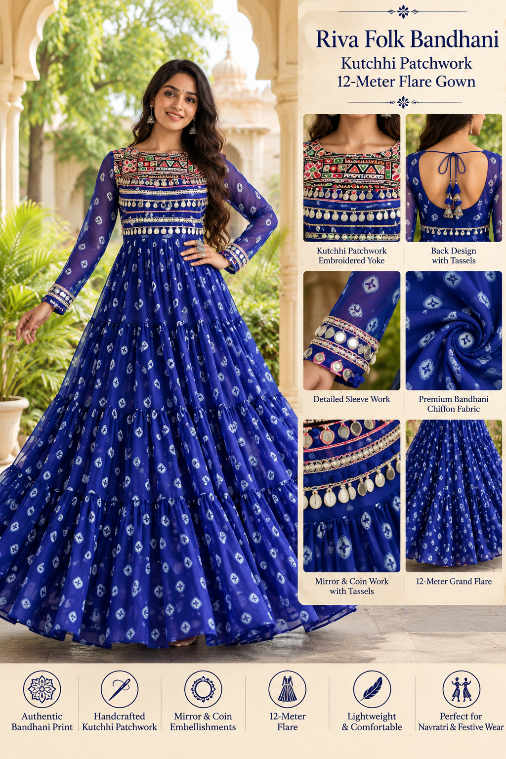 Riva Folk Bandhani Kutchhi Patchwork 12-Meter Flare Gown