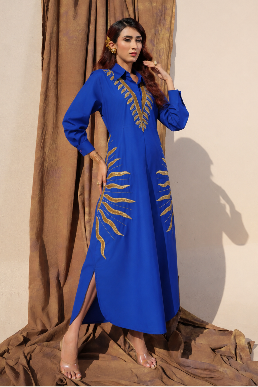 Black Cotton Shirt Dress with Luxe Gold Leaf Embroidery