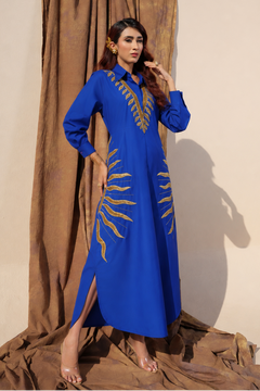 Black Cotton Shirt Dress with Luxe Gold Leaf Embroidery
