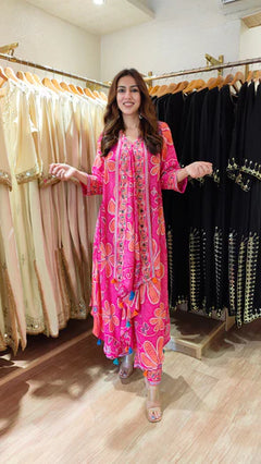 Fuchsia Pink Muslin Silk Floral Butterfly Kurta Pant Co-ord Set