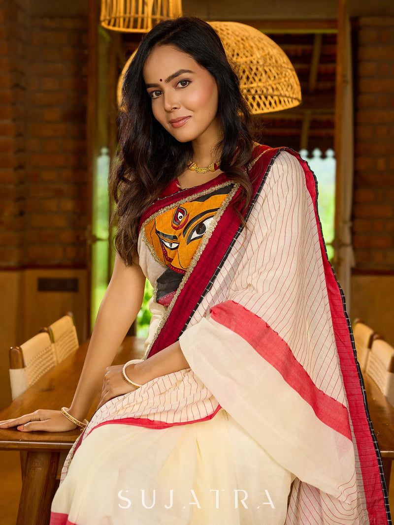 Striking white cotton saree with bold red-black borders, featuring a hand-painted Durga motif with Stitched Blouse