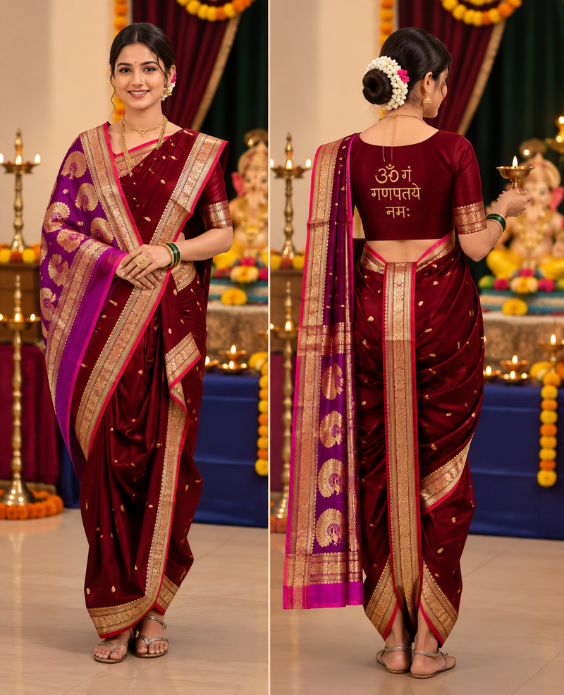 Jijamata Pure Cotton Silk 9-Yard Nauvari Paithani Saree With Morani Pallu