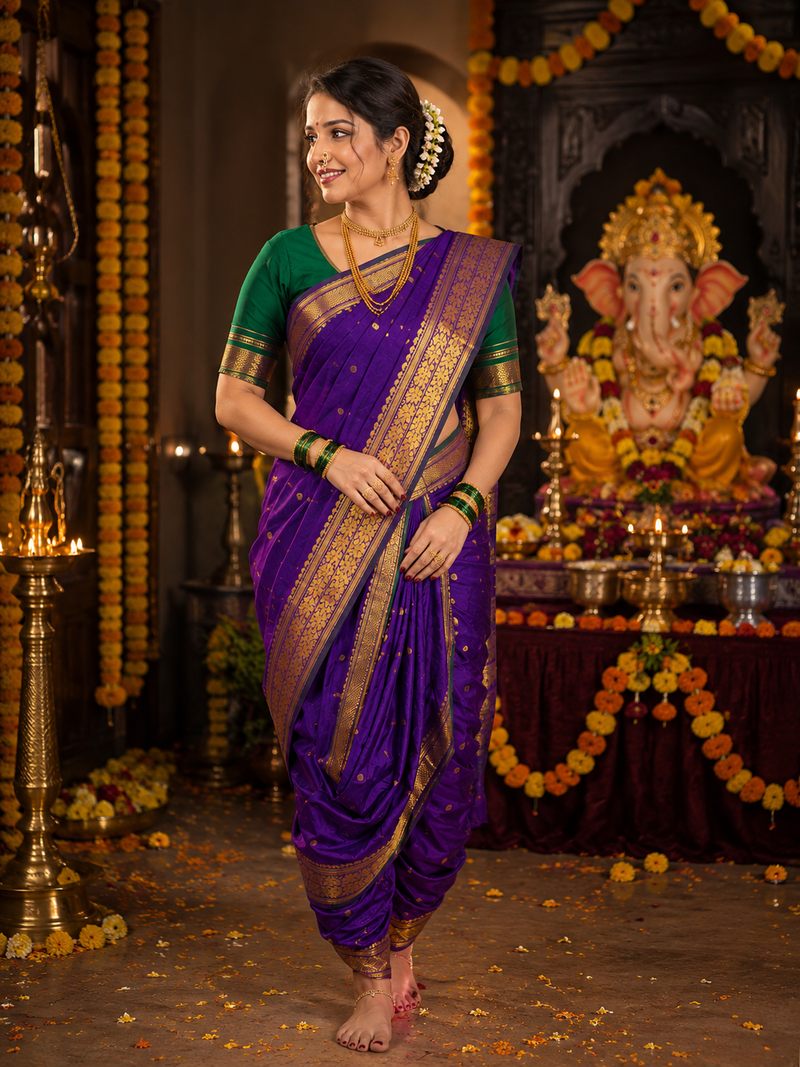 Jijamata Pure Cotton Silk 9-Yard Nauvari Paithani Saree With Morani Pallu