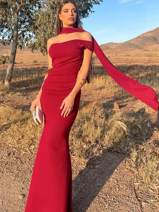 Red Flat Jersey Scarf Maxi Dress