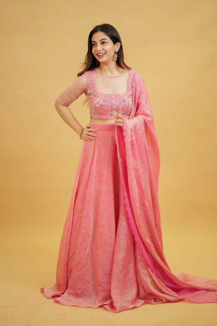 Premium Onion Pink Designer Lehenga Saree with Handworked Crop Top