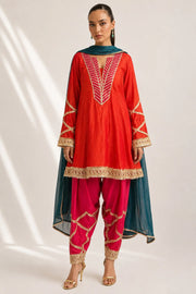Silk Blend Red Kurti Pant Set with Embroidered Dupatta – 3 Piece Festive Suit