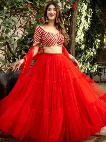Red Net Gota Embroidered Lehenga Set