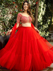 Red Net Gota Embroidered Lehenga Set