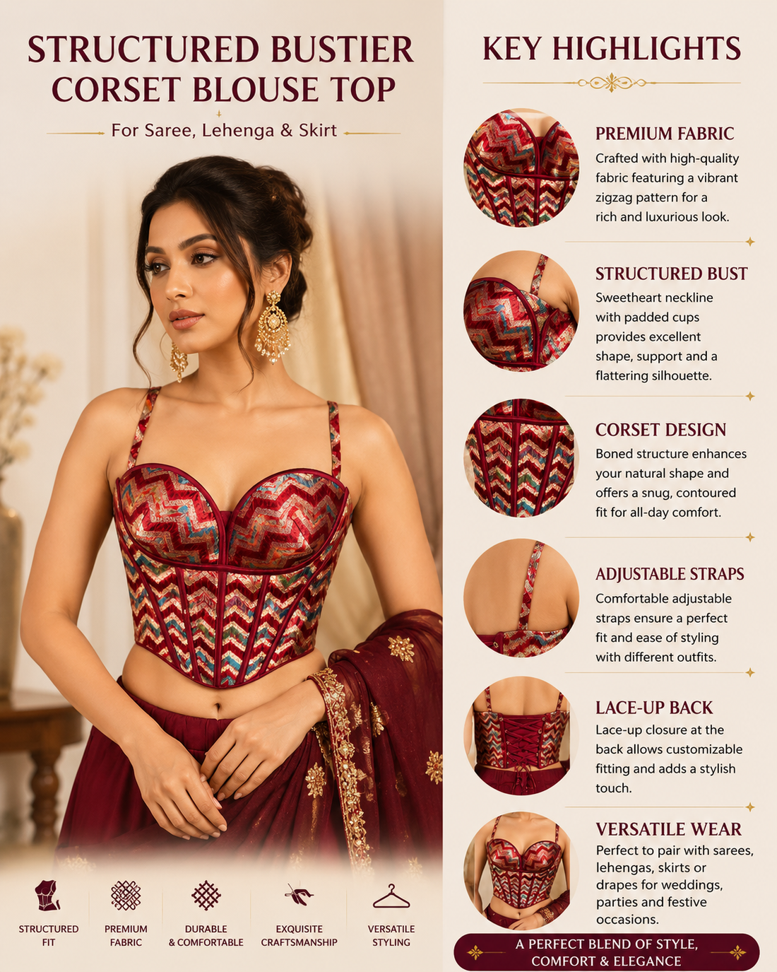 Structured Bustier Corset Blouse Top for Saree, Lehenga & Skirt