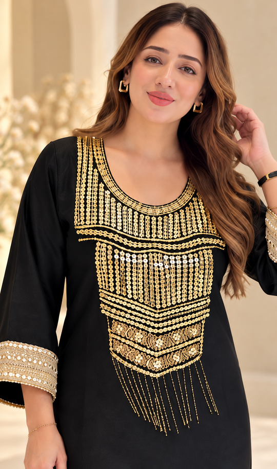 Noor-E-Shaam Black Gold Embroidered Kaftan Dress