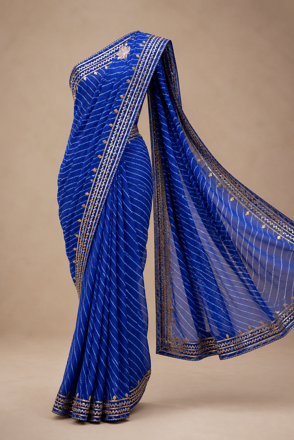 Rani Pink Leheriya Saree with Handcrafted Kacchi Gota Patti Work