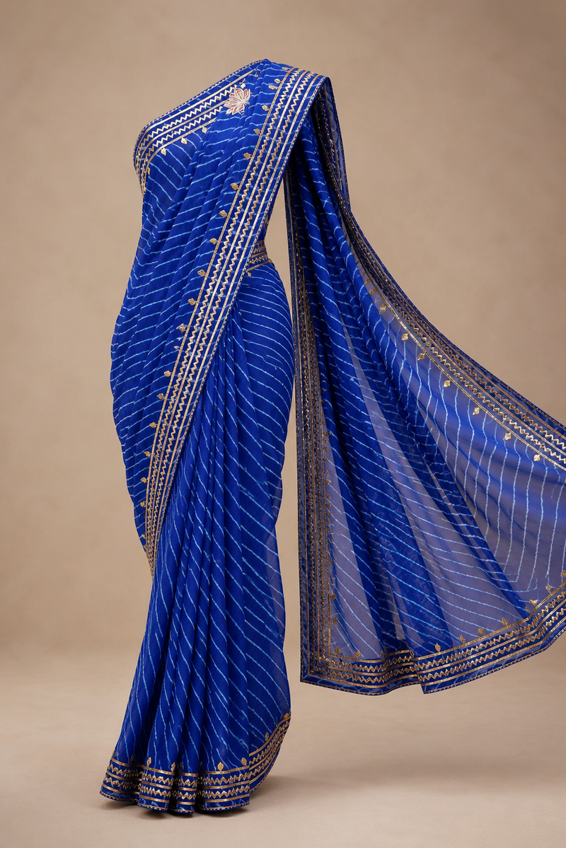 Rani Pink Leheriya Saree with Handcrafted Kacchi Gota Patti Work