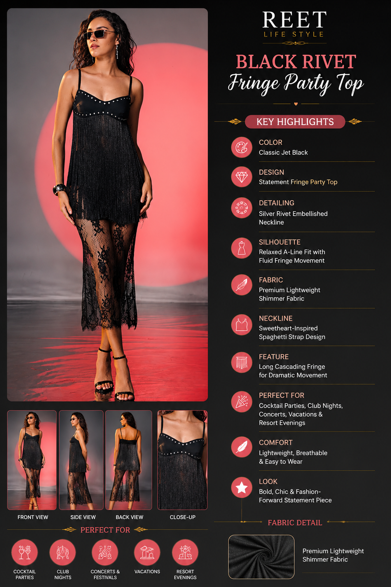 Black Rivet Fringe Party Top