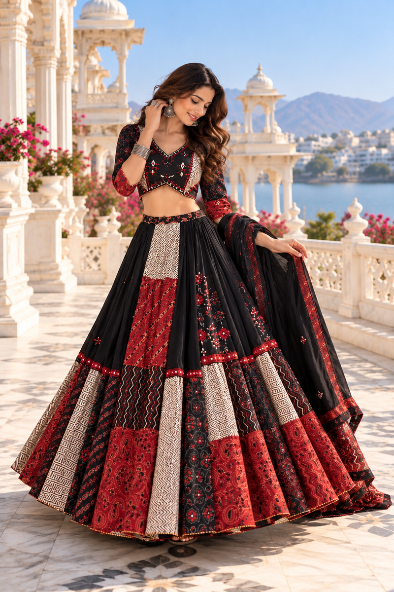 Rang-Riwaayat 8 Meter Flare Khadi Cotton Ajrarkhj Lehenga Set