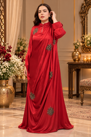 Crimson Elegance Embellished Draped Satin Gown