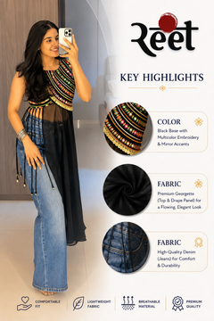 Traditional Multicolor Embroidered Black Top