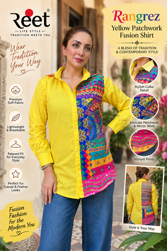 Woman Rangrez Yellow Patchwork Fusion Shirt