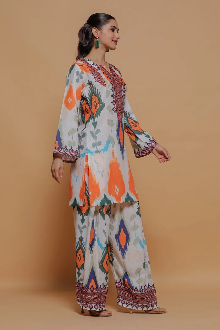 Ikat Printed Lawn Cotton Co-ord Set with Farsi Pants