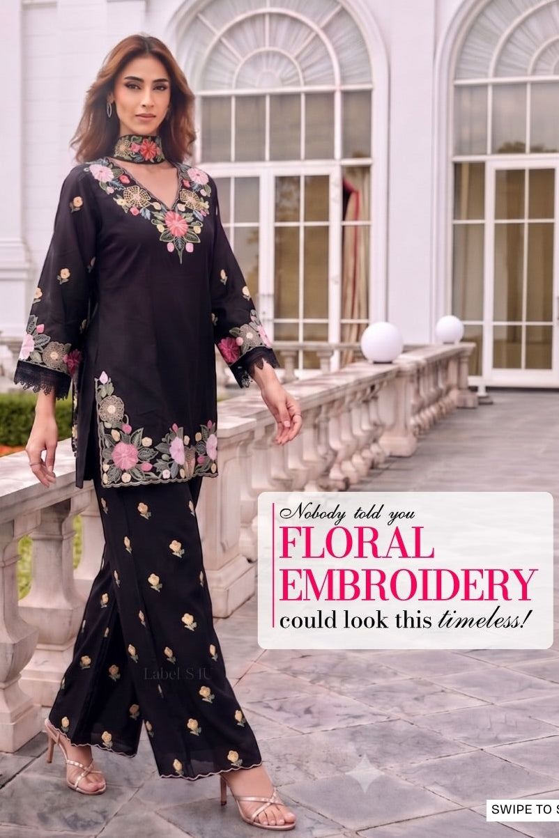 Moodnight Bloom Embroidered Palazzo Cord Set